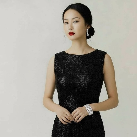 Cocktail/Holiday Dress Adriana Papell  New York Black Sequin w/feather shea trim - Picture 3 of 11